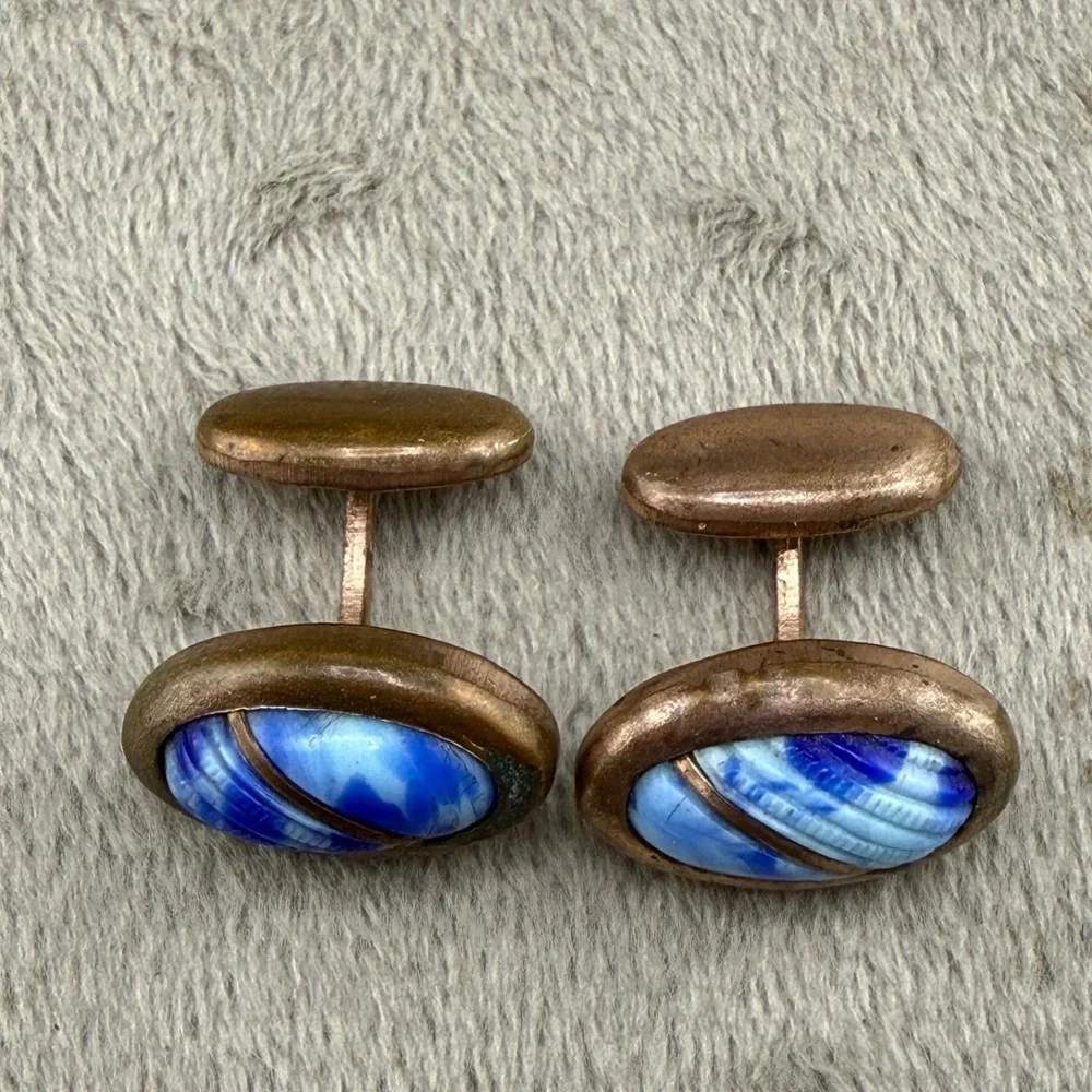 Vintage Antique Carved Blue Stone Cufflinks Gold Tone